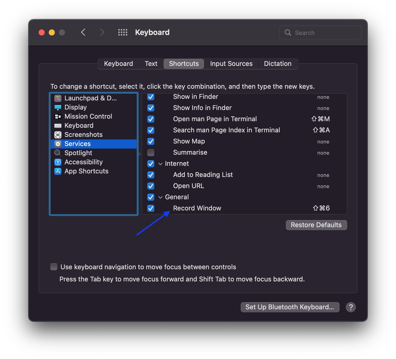 Assign a keyboard shortcut to the Record Window service